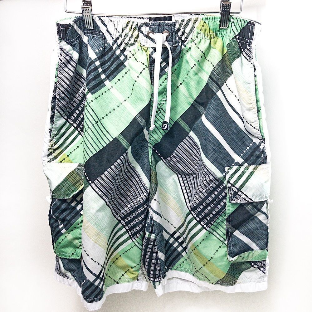 Banana Split Green/Black Plaid Board Shorts Sz XL